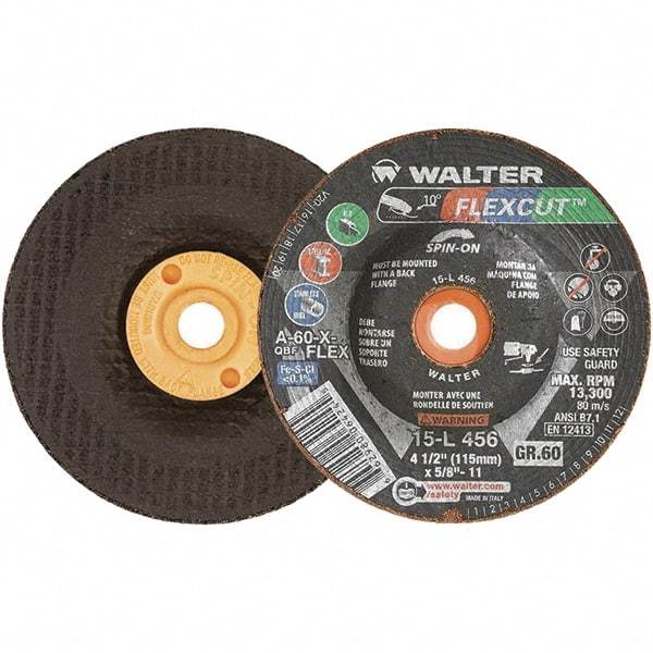 WALTER Surface Technologies - 4-1/2" Diam x 5/8" Hole, 60 Grit Surface Grinding Wheel - Aluminum Oxide, Medium Grade, 13,300 Max RPM - Eagle Tool & Supply