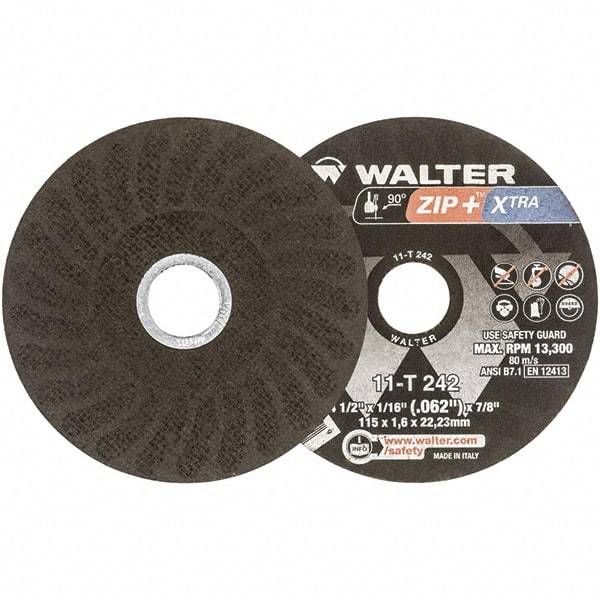 WALTER Surface Technologies - 4-1/2" 46 Grit Aluminum Oxide Cutoff Wheel - 1/16" Thick, 7/8" Arbor, 13,300 Max RPM, Use with Angle Grinders - Eagle Tool & Supply