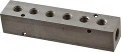 Made in USA - 3/8" Inlet, 1/4" Outlet Manifold - 5.88" Long x 1-1/4" Wide x 1-1/4" High, 0.2" Mount Hole, 2 Inlet Ports, 6 Outlet Ports - Eagle Tool & Supply