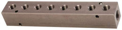 Made in USA - 3/8" Inlet, 1/4" Outlet Manifold - 7.63" Long x 1-1/4" Wide x 1-1/4" High, 0.2" Mount Hole, 2 Inlet Ports, 8 Outlet Ports - Eagle Tool & Supply