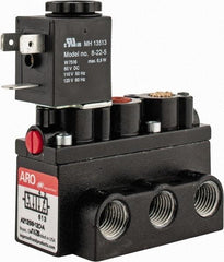 ARO/Ingersoll-Rand - 1/4" Inlet x 1/4" Outlet, Solenoid Actuator, Spring Return, 2 Position, Body Ported Solenoid Air Valve - 120 VAC Input, 54 CFM, 1.5 CV, 4 Way, 150 psi, 2-15/16" Long x 1-15/16" Wide x 1-15/16" High, 0 to 180°F - Eagle Tool & Supply