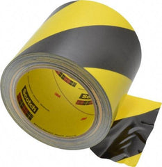 3M - Black & Yellow Striped Vinyl Tape - 4" Wide x 108' Long x 5.4 mil Thick, General Traffic - Eagle Tool & Supply