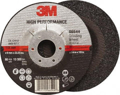 3M - 36 Grit, 4-1/2" Wheel Diam, 1/4" Wheel Thickness, 7/8" Arbor Hole, Type 27 Depressed Center Wheel - Ceramic, Resinoid Bond, 13,300 Max RPM, Compatible with Angle Grinder - Eagle Tool & Supply