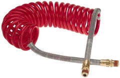 Parker - 3/8" ID, 1/2 x 1/2 Thread, 15' Long, Red SAE J844 Type B Nylon Coiled & Self Storing Hose - 150 Max psi, Parker NTA Brass Fittings - Eagle Tool & Supply