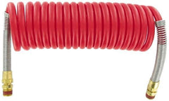 Parker - 3/8" ID, 1/2 x 1/2 Thread, 15' Long, Red SAE J844 Type B Nylon Coiled & Self Storing Hose - 150 Max psi, Parker NTA Brass Fittings - Eagle Tool & Supply