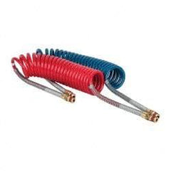 Parker - 3/8" ID, 1/2 x 1/2 Thread, 15' Long, (1) Red & (1) Blue SAE J844 Type B Nylon Coiled & Self Storing Hose - 150 Max psi, Parker NTA Brass Fittings - Eagle Tool & Supply