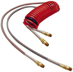 Parker - 3/8" ID, 1/2 x 1/2 Thread, 15' Long, (1) Red & (1) Blue SAE J844 Type B Nylon Coiled & Self Storing Hose - 150 Max psi, Parker NTA Brass Fittings - Eagle Tool & Supply