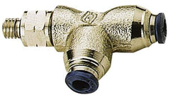 Alpha Technologies - 1/8" Outside Diam, 10-32 UNF, Nickel Plated Brass Push-to-Connect Male Swivel Run Tee - 250 Max psi, Tube to Male UNF Connection, Buna O-Ring - Eagle Tool & Supply