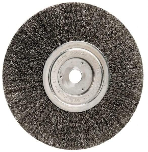 Weiler - 8" OD, 3/4" Arbor Hole, Crimped Steel Wheel Brush - 1/2" Face Width, 2-1/16" Trim Length, 0.014" Filament Diam, 6,000 RPM - Eagle Tool & Supply
