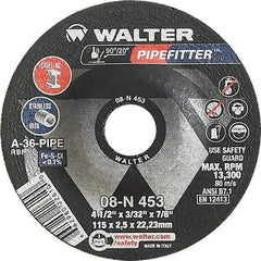 WALTER Surface Technologies - 36 Grit, 4-1/2" Wheel Diam, 3/32" Wheel Thickness, 7/8" Arbor Hole, Type 27 Depressed Center Wheel - Aluminum Oxide/Silicon Carbide Blend, Resinoid Bond, 13,300 Max RPM - Eagle Tool & Supply