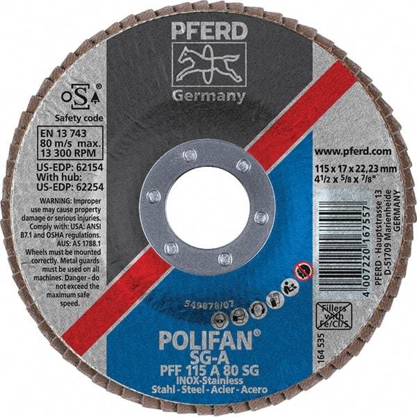 PFERD - 80 Grit, 4-1/2" Disc Diam, 7/8" Center Hole, Type 27 Aluminum Oxide Flap Disc - 13,300 Max RPM, Fiberglass Backing, Arbor Attaching System, Coated - Eagle Tool & Supply