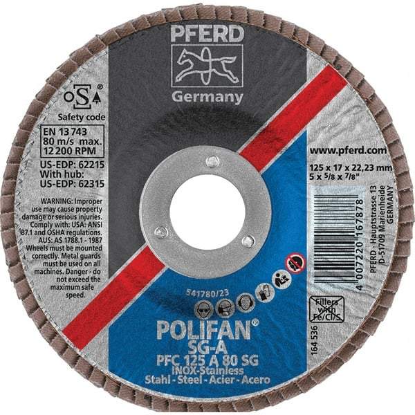 PFERD - 80 Grit, 5" Disc Diam, 7/8" Center Hole, Type 29 Aluminum Oxide Flap Disc - 12,200 Max RPM, Fiberglass Backing, Arbor Attaching System, Coated - Eagle Tool & Supply
