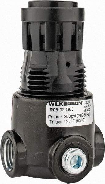 Wilkerson - 1/4 NPT Port, 15 CFM, Zinc Miniature Regulator - 2 to 125 psi Range, 300 Max psi Supply Pressure, 1/8" Gauge Port Thread, 1.65" Wide x 2.88" High - Eagle Tool & Supply