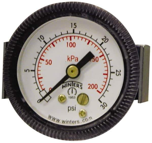 Winters - 2-1/2" Dial, 1/4 Thread, 0-30 Scale Range, Pressure Gauge - U-Clamp Panel Mount, Center Back Connection Mount, Accurate to 2.5% of Scale - Eagle Tool & Supply