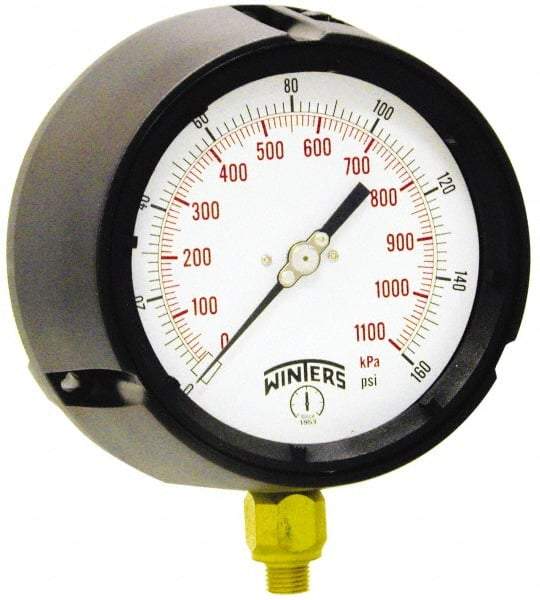 Winters - 4-1/2" Dial, 1/4 Thread, 0-600 Scale Range, Pressure Gauge - Lower Connection Mount, Accurate to 0.5% of Scale - Eagle Tool & Supply