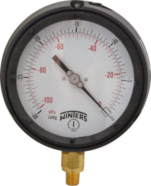 Winters - 4-1/2" Dial, 1/4 Thread, 30-0 Scale Range, Pressure Gauge - Lower Connection Mount, Accurate to 0.5% of Scale - Eagle Tool & Supply