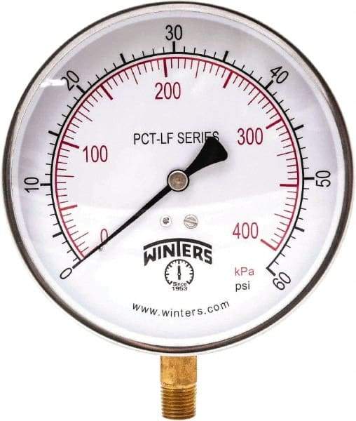 Winters - 4-1/2" Dial, 1/4 Thread, 0-60 Scale Range, Pressure Gauge - Lower Connection Mount, Accurate to 0.01% of Scale - Eagle Tool & Supply
