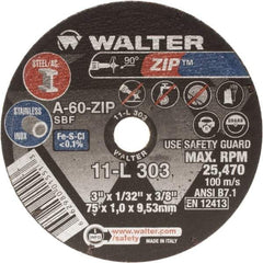 WALTER Surface Technologies - 3" Aluminum Oxide Cutoff Wheel - 1/32" Thick, 3/8" Arbor, 25,470 Max RPM, Use with Die Grinders - Eagle Tool & Supply