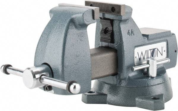 Wilton - 4" Jaw Width x 4-1/2" Jaw Opening Capacity, 3-7/16" Throat Depth, Bench & Pipe Combination Vise - 1/4 to 2" Pipe Capacity, Swivel Base, Bolt Down Attachment, Ductile Iron - Eagle Tool & Supply