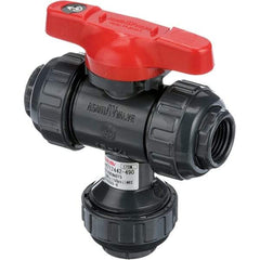 Asahi/America - 1" Pipe, Full Port, PVC Multiport Ball Valve - Three Way, Threaded Ends, Tee Handle - Eagle Tool & Supply