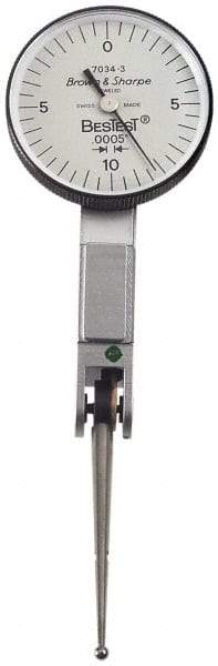 TESA Brown & Sharpe - 0.02 Inch Range, 0.0005 Inch Dial Graduation, Horizontal Dial Test Indicator - 1-1/2 Inch White Dial, 0-10-0 Dial Reading, Accurate to 0.0005 Inch - Eagle Tool & Supply