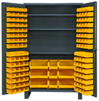 48"W - 14 Gauge - Lockable Cabinet - With 137 Yellow Hook-on Bins - 3 Adjustable Shelves - Flush Door Style - Gray - Eagle Tool & Supply