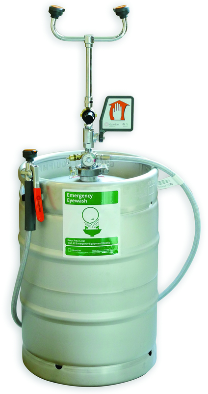 Guardian self-contained eyewash/drench hose unit is ideal for use in low traffic areas, and where a continuous supply of potable water is unavailable for plumbed units. 15 gallon pressurized unit is ideal for floor placement near any hazard. - Eagle Tool & Supply