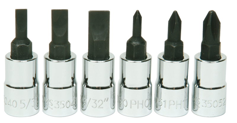 6 Piece - #9309068 - #0; #1; #2 Phillips; 5/32; 7/32; 9/32" Slotted - 1/4" Drive - Socket Drive Hex Bit Set - Eagle Tool & Supply