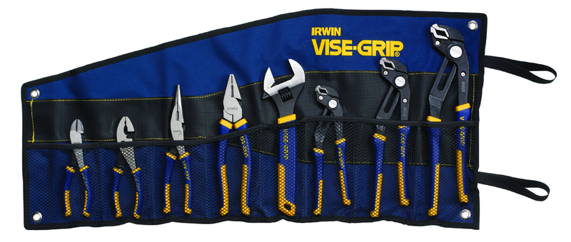 Irwin 8 Pc. Set - all purpose jaw grips on round; flat; sq and hex shapes. Press slide button quickly adjusts lower jaw for more groove positions.  Soft ProTouch handles - Eagle Tool & Supply
